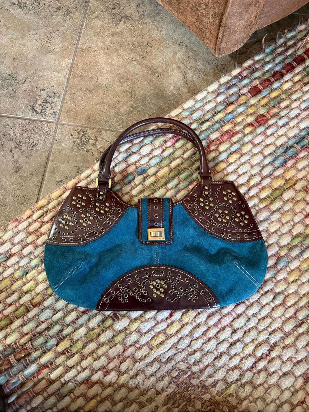 Rafe Teal and Brown Studded Hobos Shoulder Bag